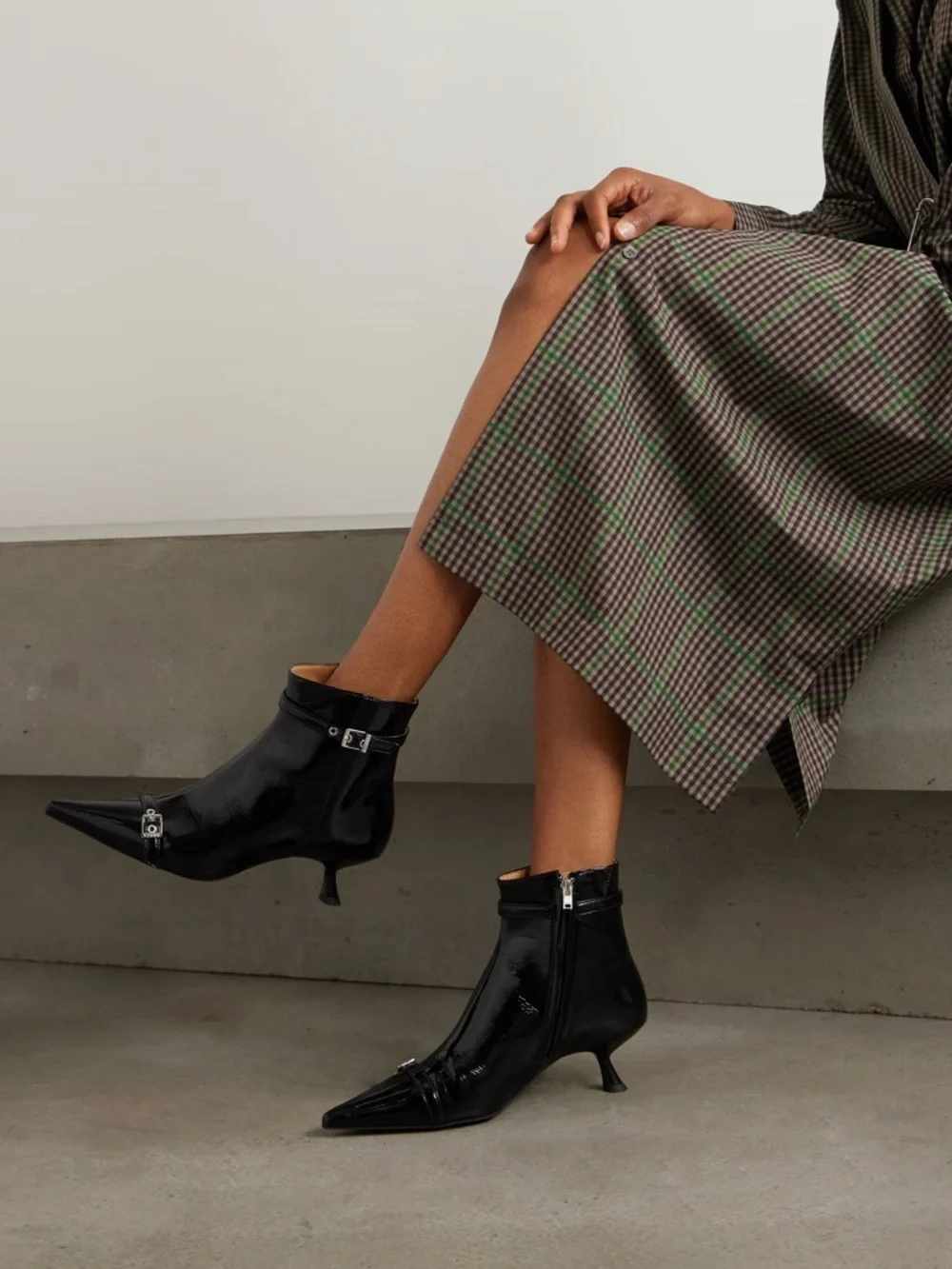 Ganni Black Eyelets Buckled Vinyl Leather Pointed Toe Kitten Heel Ankle Boots